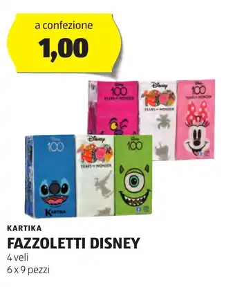 ALDI KARTIKA FAZZOLETTI DISNEY 4 veli 6x9 pezzi offerta