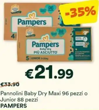 Unes Pannolini Baby Dry Maxi 96 pezzi o Junior 88 pezzi PAMPERS offerta
