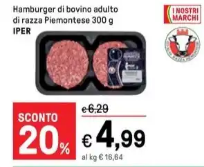 Iper La Grande Hamburger di bovino adulto di razza Piemontese 300 g IPER offerta