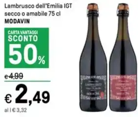 Iper La Grande Lambrusco dell'Emilia IGT secco o amabile 75 cl MODAVIN offerta