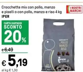 Iper La Grande Crocchette mix con pollo, manzo e piselli o con pollo, manzo e riso 4 kg IPER offerta