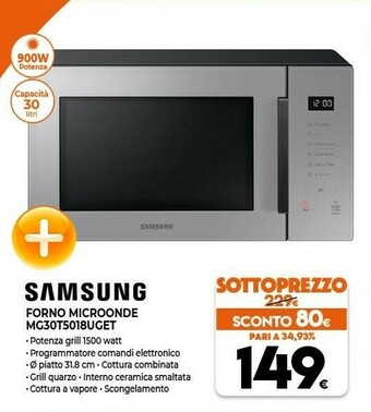 Expert Samsung MG30T5018UG/ET Forno A Microonde Superficie Piana Microonde Combinato 30 L 900 W Nero, Grigio offerta
