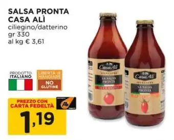 Alì Supermercati SALSA PRONTA CASA ALI ciliegino/datterino gr 330 offerta