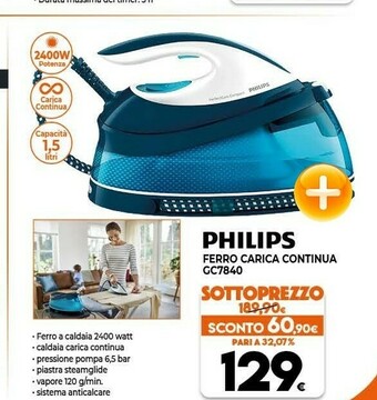 Expert Philips GC7840/26 Ferro Da Stiro A Caldaia 2400 W 1,5 L SteamGlide Blu, Bianco offerta