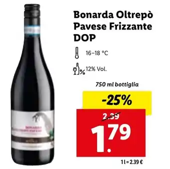 Lidl Bonarda Oltrepò Pavese Frizzante DOP 750 ml bottiglia offerta