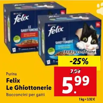 Lidl Purina Felix Le Ghiottonerie Bocconcini per gatti 18x 85 g confezione offerta