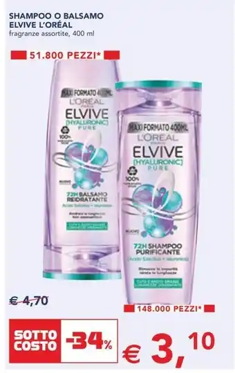 Esselunga SHAMPOO O BALSAMO ELVIVE L'ORÉAL fragranze assortite, 400 ml offerta