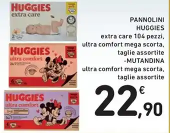 Spazio Conad PANNOLINI HUGGIES extra care 104 pezzi, ultra comfort mega scorta, taglie assortite offerta