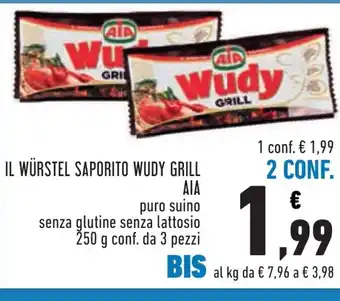 Conad IL WÜRSTEL SAPORITO WUDY GRILL AIA puro suino senza glutine senza lattosio 250 g conf. da 3 pezzi offerta
