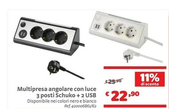 Bricocenter Multipresa Angolare Con Luce 3 Posti Schuko + 2 Usb offerta
