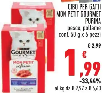 Conad CIBO PER GATTI MON PETIT GOURMET PURINA pesce, pollame conf. 50 g x 6 pezzi offerta