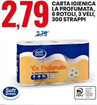 Eurospin CARTA IGIENICA LA PROFUMATA, 6 ROTOLI, 3 VELI, 300 STRAPPI offerta