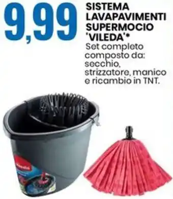 Eurospin SISTEMA LAVAPAVIMENTI SUPERMOCIO 'VILEDA'* Set completo composto da: secchio, strizzatore, manico e ricambio in TNT. offerta