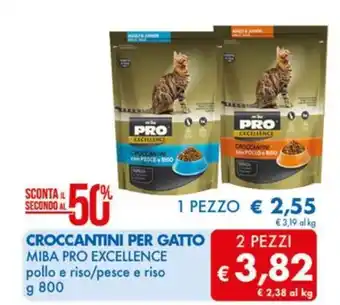 MD Discount CROCCANTINI PER GATTO 2 PEZZI MIBA PRO EXCELLENCE pollo e riso/pesce e riso g 800 offerta