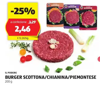 ALDI IL PODERE BURGER SCOTTONA/CHIANINA/PIEMONTESE 200 g offerta