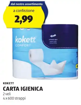 ALDI KOKETT CARTA IGIENICA 2 veli 4x600 strappi offerta