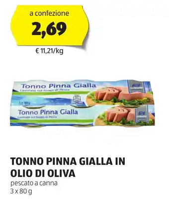 ALDI TONNO PINNA GIALLA IN OLIO DI OLIVA pescato a canna 3 x 80 g offerta