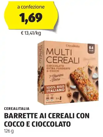 ALDI Cerealitalia BARRETTE AI CEREALI CON COCCO E CIOCCOLATO 126 g offerta
