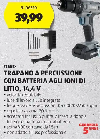 ALDI FERREX TRAPANO A PERCUSSIONE CON BATTERIA AGLI IONI DI LITIO, 14,4 V offerta