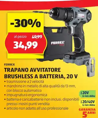ALDI FERREX TRAPANO AVVITATORE BRUSHLESS A BATTERIA, 20 V offerta