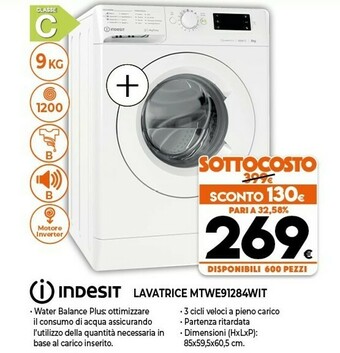 Indesit MTWE 91284 W IT Lavatrice Caricamento Frontale 9 Kg 1200 Giri/min C Bianco