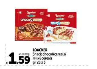 Carrefour Market LOACKER Snack choco&cereals/ milk&cereals gr 25 x 3 offerta