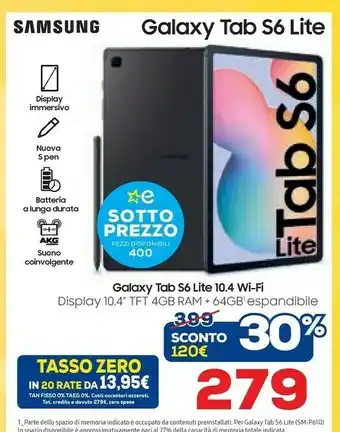 Euronics Samsung Galaxy Tab S6 Lite SM-P610 64 GB 26,4 Cm (10.4") 4 GB Wi-Fi 5 (802.11ac) Grigio offerta
