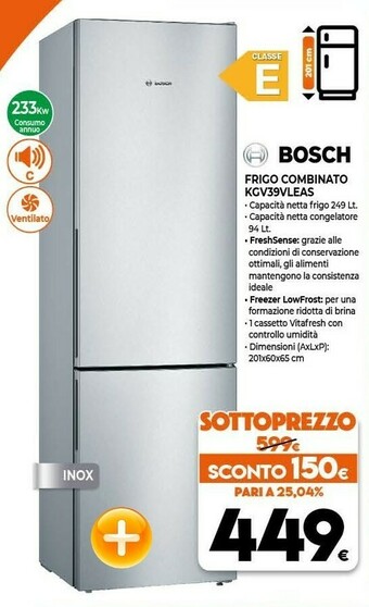 Expert Bosch Serie 4 KGV39VLEAS Frigorifero Libera Installazione Acciaio Inossidabile 214 L A++ offerta