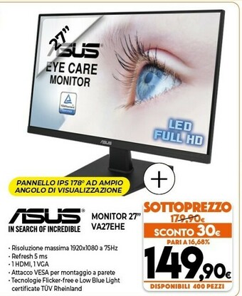 Expert Asus VA27EHE 68,6 Cm (27") 1920 X 1080 Pixel Full HD LED Nero offerta