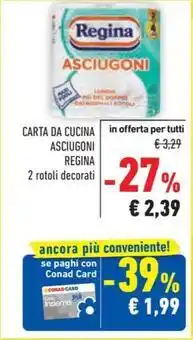 Conad CARTA DA CUCINA ASCIUGONI REGINA 2 rotoli decorati offerta
