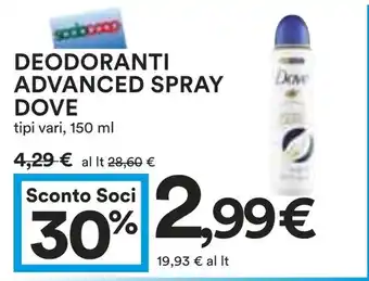 Coop DEODORANTI ADVANCED SPRAY DOVE tipi vari, 150 ml offerta