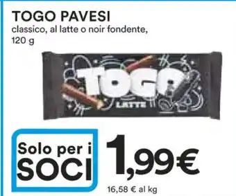 Ipercoop TOGO PAVESI classico, al latte o noir fondente, 120 g offerta