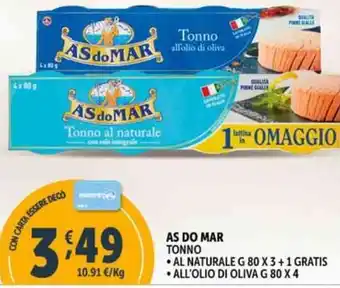 Deco Supermercati AS DO MAR TONNO AL NATURALE G 80 X 3+1 GRATIS ALL'OLIO DI OLIVA G 80 X 4 offerta