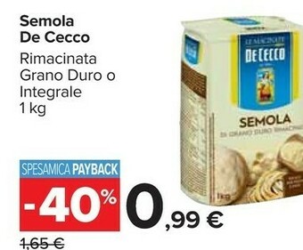 Carrefour De Cecco Semola Di Grano Duro Rimacinata 1000 G(ml) offerta