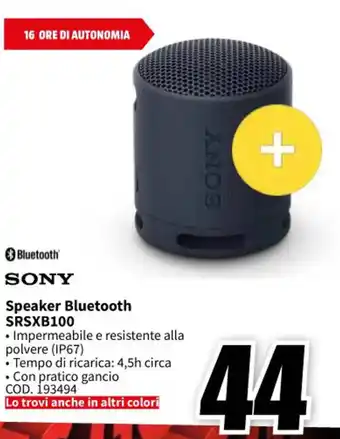 MediaWorld SONY Speaker Bluetooth SRSXB100 offerta