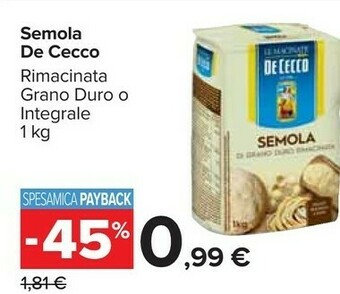 Carrefour De Cecco Semola Di Grano Duro Rimacinata 1000 G(ml) offerta