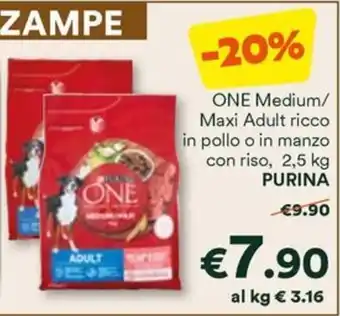 Unes ONE Medium/ Maxi Adult ricco in pollo o in manzo con riso, 2,5 kg PURINA offerta