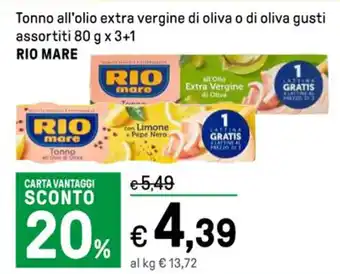 Iper La Grande Tonno all'olio extra vergine di oliva o di oliva gusti assortiti 80 g x 3+1 RIO MARE offerta