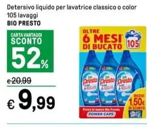 Iper La Grande Detersivo liquido per lavatrice classico o color 105 lavaggi BIO PRESTO offerta