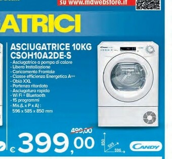 MD Discount Candy Smart Pro CSO H10A2DE-S Asciugatrice Libera Installazione Caricamento Frontale 10 Kg A++ Bianco offerta