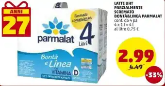 PENNY Parmalat Bontà & Linea Latte Uht Parzialmente Scremato 4pz 1l offerta