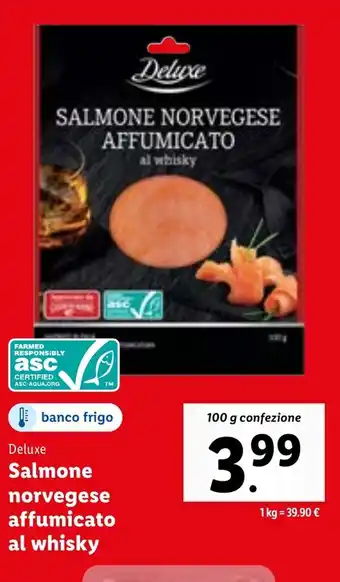 Lidl SALMONE NORVEGESE AFFUMICATO al whisky 100 g confezione offerta