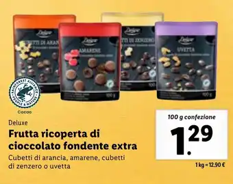 Lidl Deluxe Frutta ricoperta di cioccolato fondente extra 100 g confezione offerta
