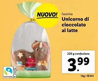 Lidl Favorina Unicorno di cioccolato al latte 220 g confezione offerta