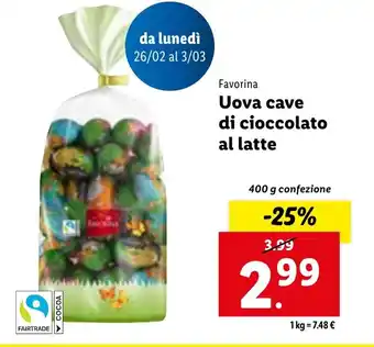Lidl Favorina Uova cave di cioccolato al latte 400 g confezione offerta