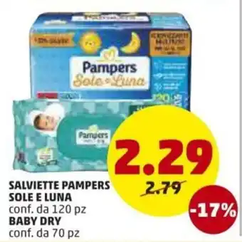 PENNY Pampers Sole e Luna Salviette 120pz, Baby Dry 70pz offerta