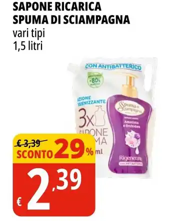 Tigros SAPONE RICARICA SPUMA DI SCIAMPAGNA vari tipi 1,5 litri offerta
