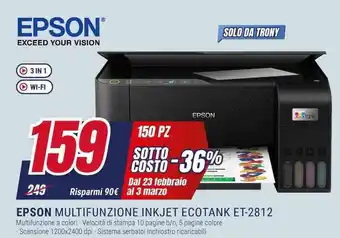 Trony EPSON MULTIFUNZIONE INKJET ECOTANK ET-2812 offerta