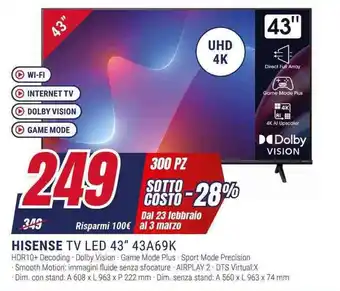 Trony HISENSE TV LED 43" 43A69K offerta