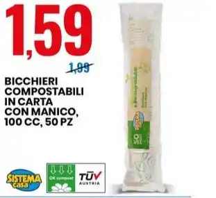 Eurospin BICCHIERI COMPOSTABILI IN CARTA CON MANICO, 100 CC, 50 PZ offerta